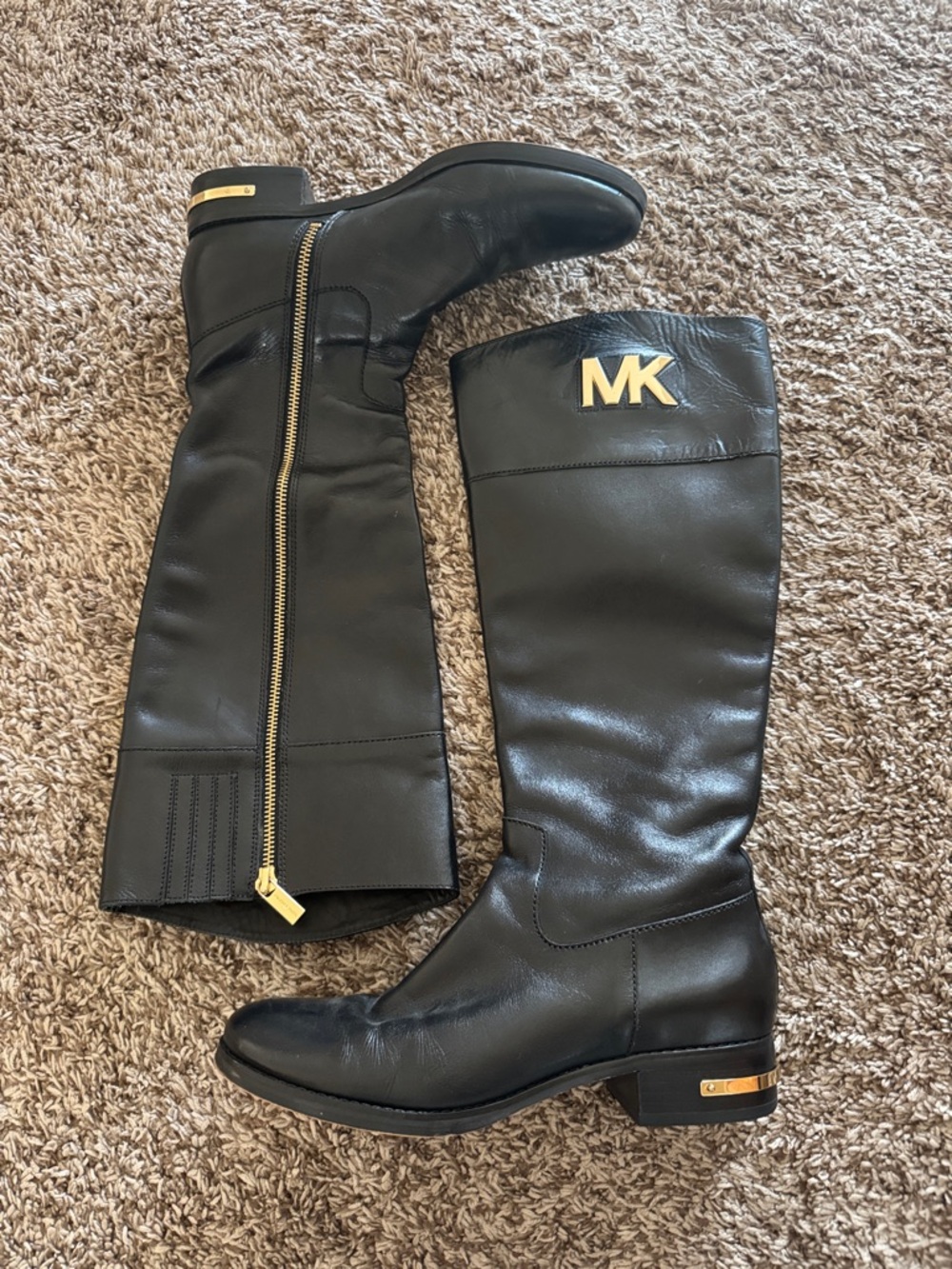 Michael Kors Black Leather Knee-High Boots with Gold Hardware